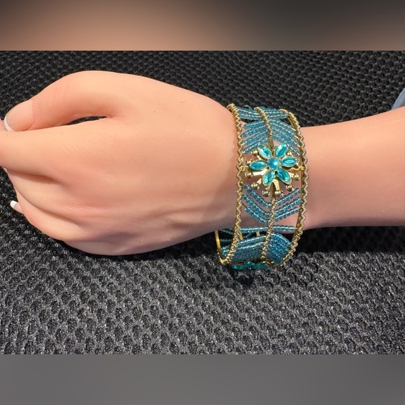 Boho Blue Beaded Cuff Bracelet with Turquoise Flower Detail - Picture 6 of 9